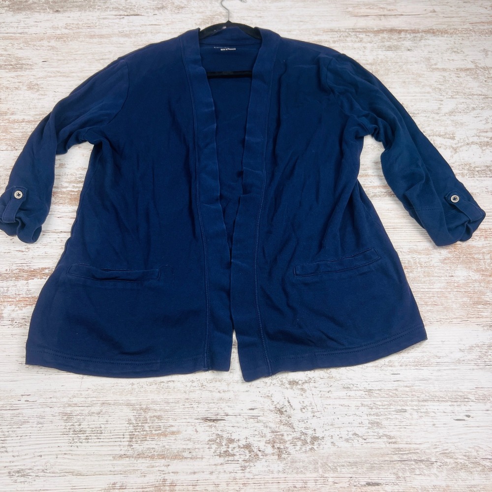 Croft & Barrow Womens L Navy Cotton Open Front Cardigan Roll Tab Sleeves